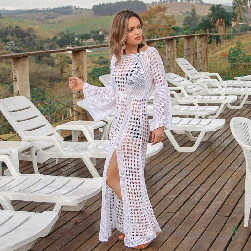 Women's beach dress – Lightweight knit – Flowing cut – Long sleeves – High slit