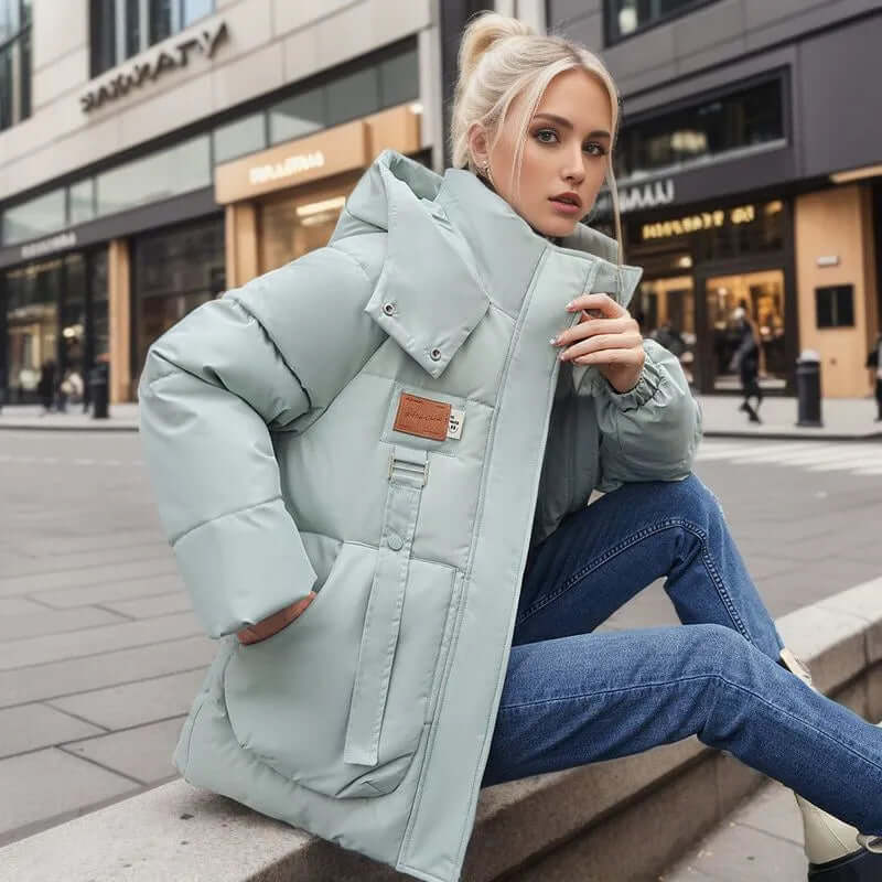 Manteau femme matelassé – coupe oversize – capuche amovible – mi-long thermorégulant