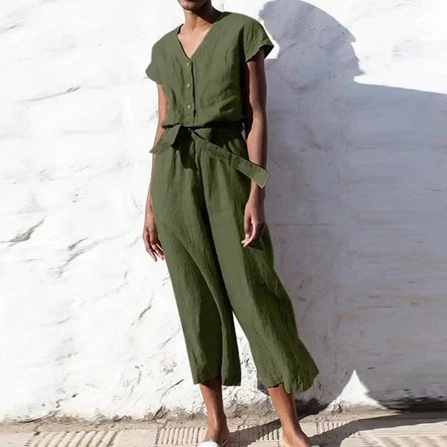 Women's jumpsuit – Relaxed fit – Lightweight cotton – Wide leg – Belted waist