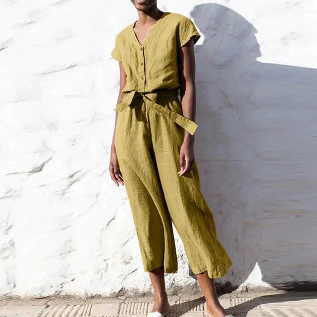 Women's jumpsuit – Relaxed fit – Lightweight cotton – Wide leg – Belted waist