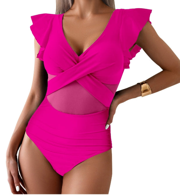 Women's 1-piece swimsuit – Plunging neckline – Ruffles – Tulle – Quick-drying