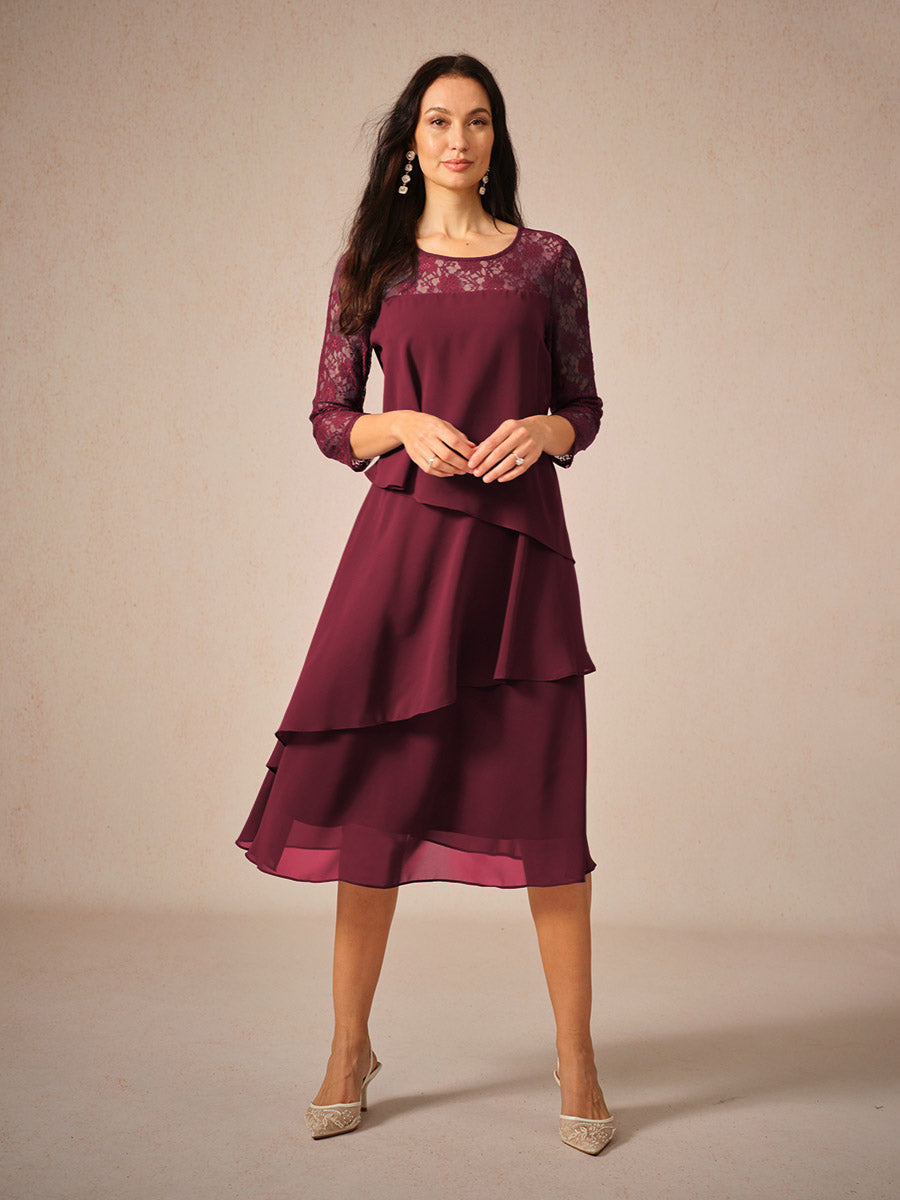 Robe femme midi – Coupe fluide – Manches dentelle – Chiffon superposé élégant