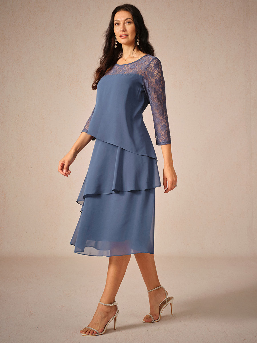 Robe femme midi – Coupe fluide – Manches dentelle – Chiffon superposé élégant