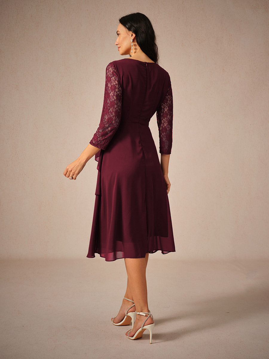 Robe femme midi – Coupe fluide – Manches dentelle – Chiffon superposé élégant
