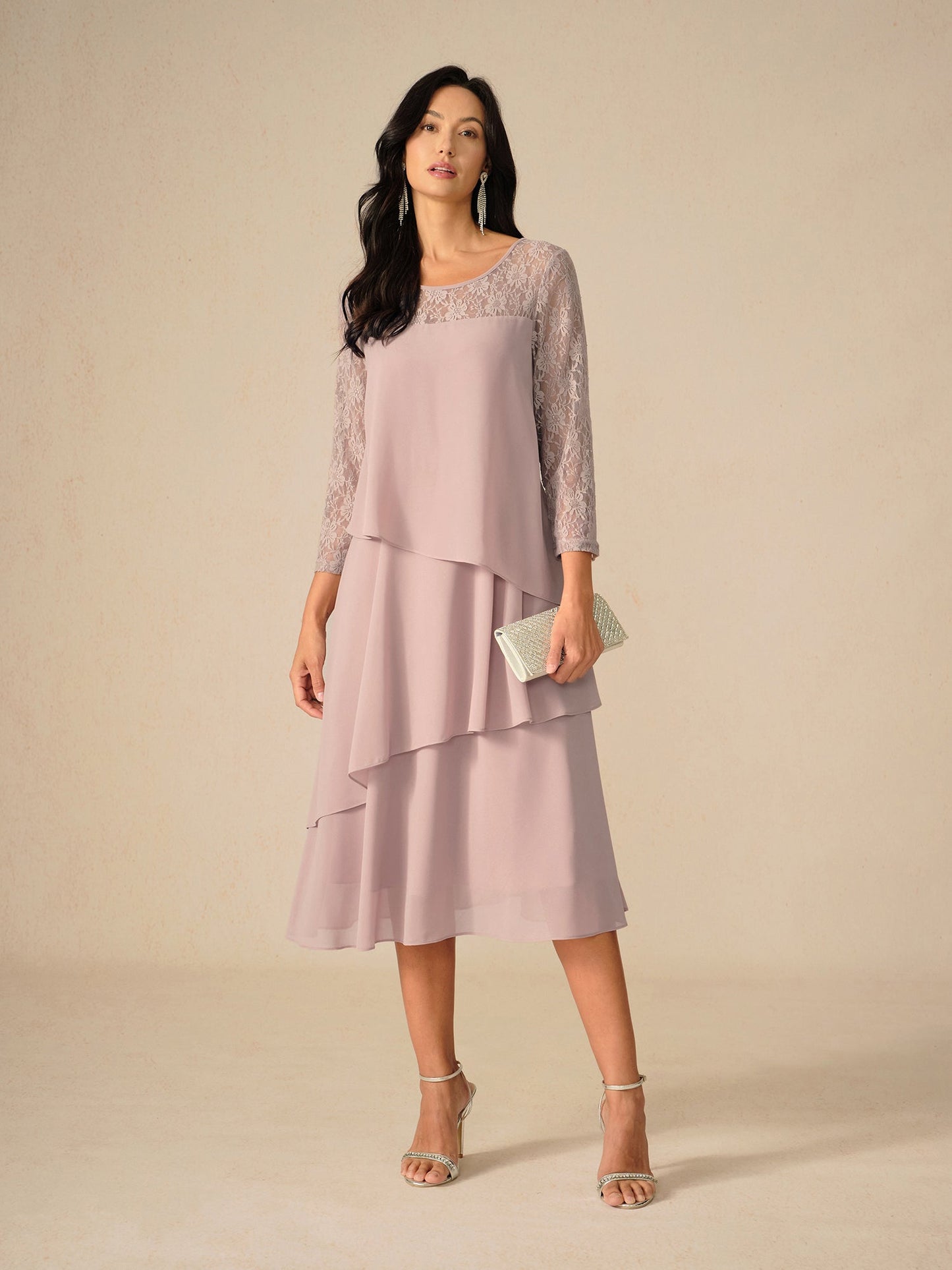 Robe femme midi – Coupe fluide – Manches dentelle – Chiffon superposé élégant