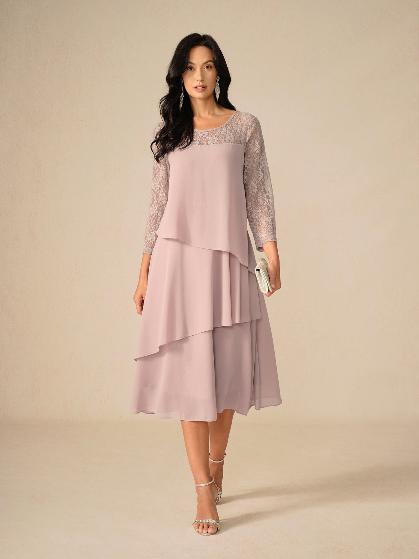 Robe femme midi – Coupe fluide – Manches dentelle – Chiffon superposé élégant