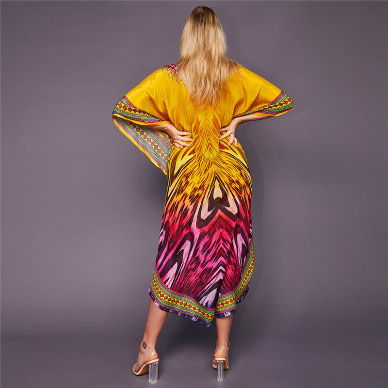Women's kaftan-style dress – flowing cut – breathable fabric – embellished V-neck