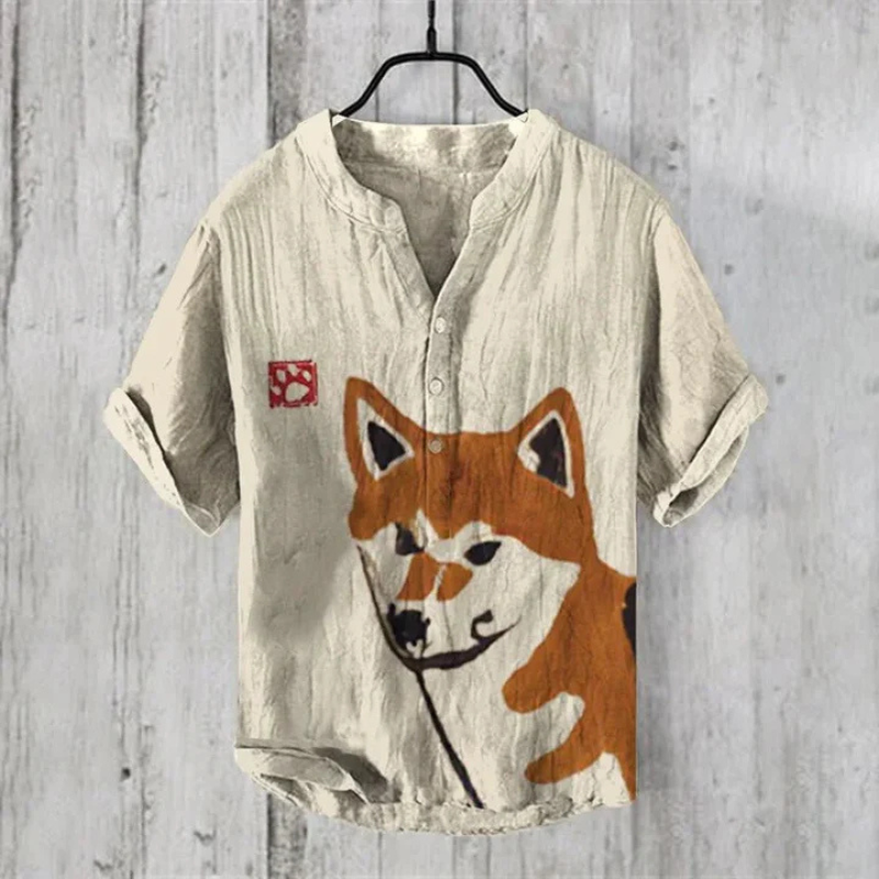Men's casual shirt – Loose fit – Short sleeves – Breathable natural fiber – Artistic pattern