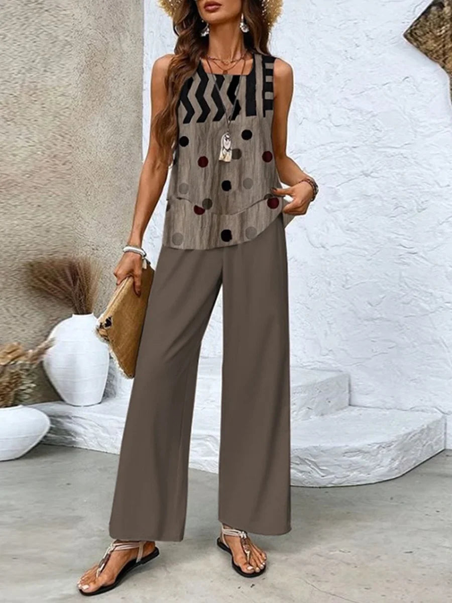Women's Set – Sleeveless Top and Wide Leg Pants – Relaxed Fit – Breathable Fabric