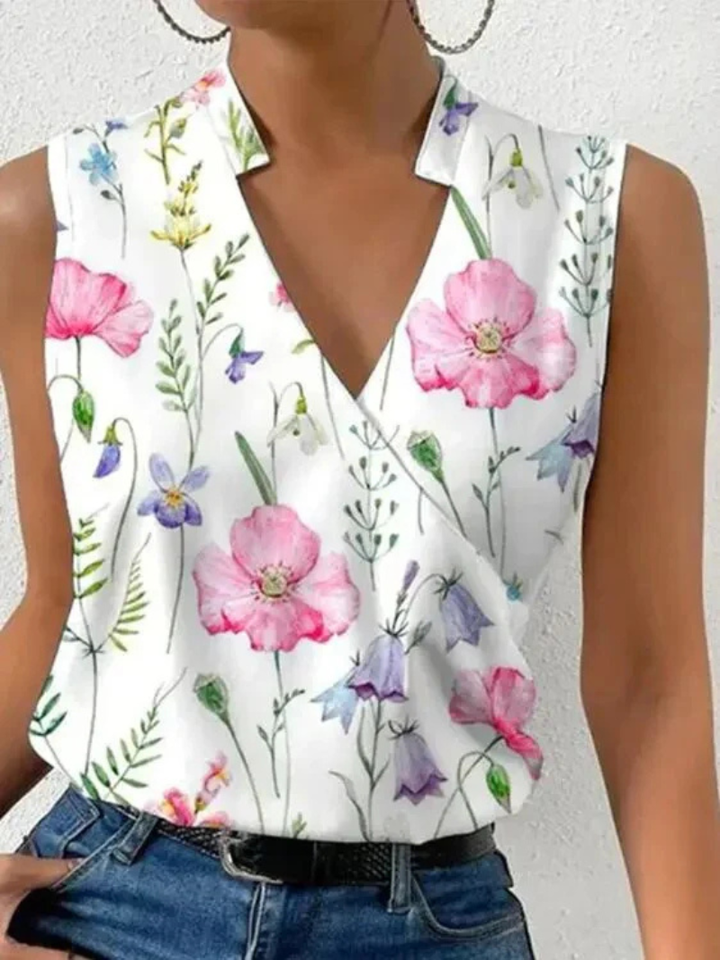 Women's sleeveless top – Fitted cut – Wrap neckline – Floral print – Breathable fabric