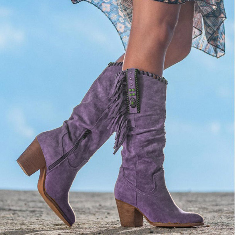 Bottes femme hauteur genou – Talon bloc – Franges décoratives – Style western structuré