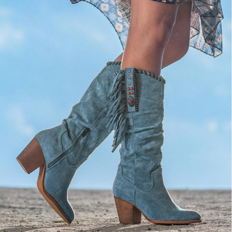 Bottes femme hauteur genou – Talon bloc – Franges décoratives – Style western structuré