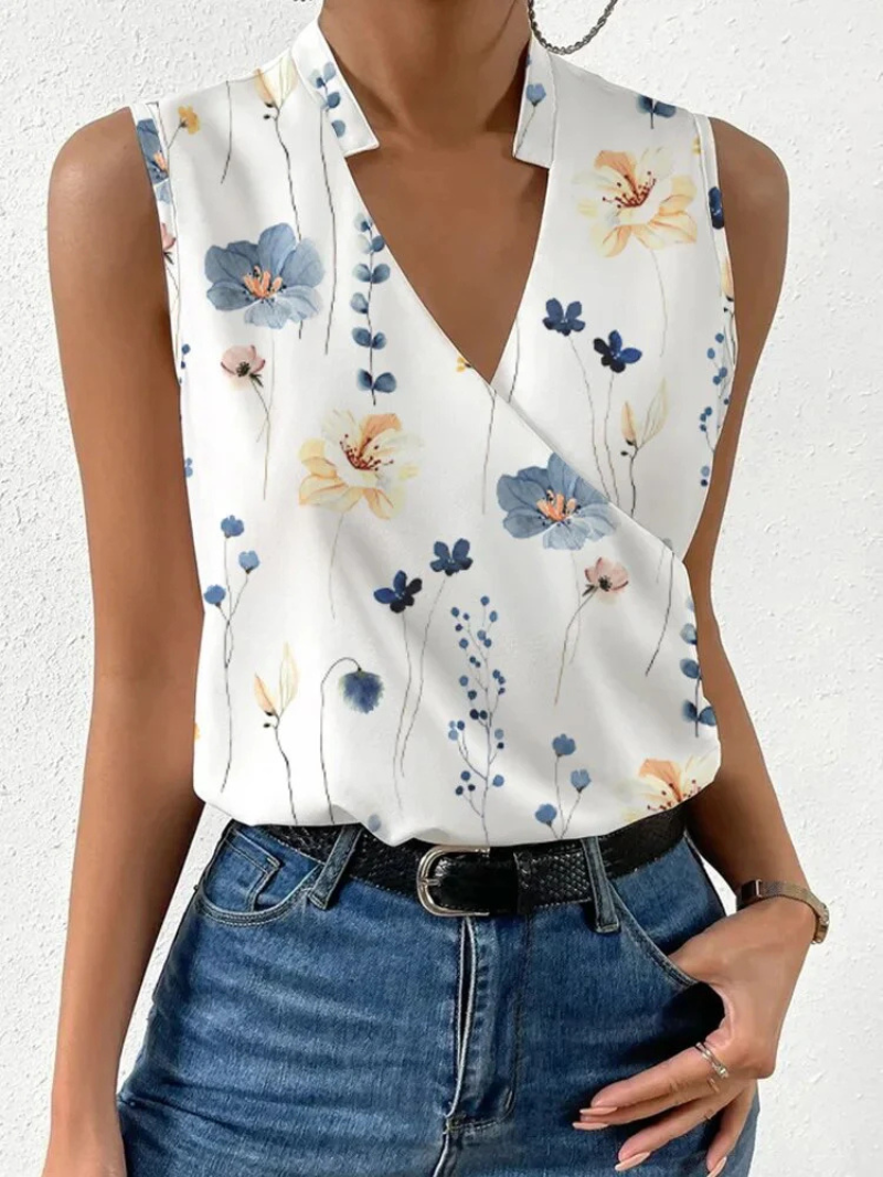 Women's sleeveless top – Fitted cut – Wrap neckline – Floral print – Breathable fabric