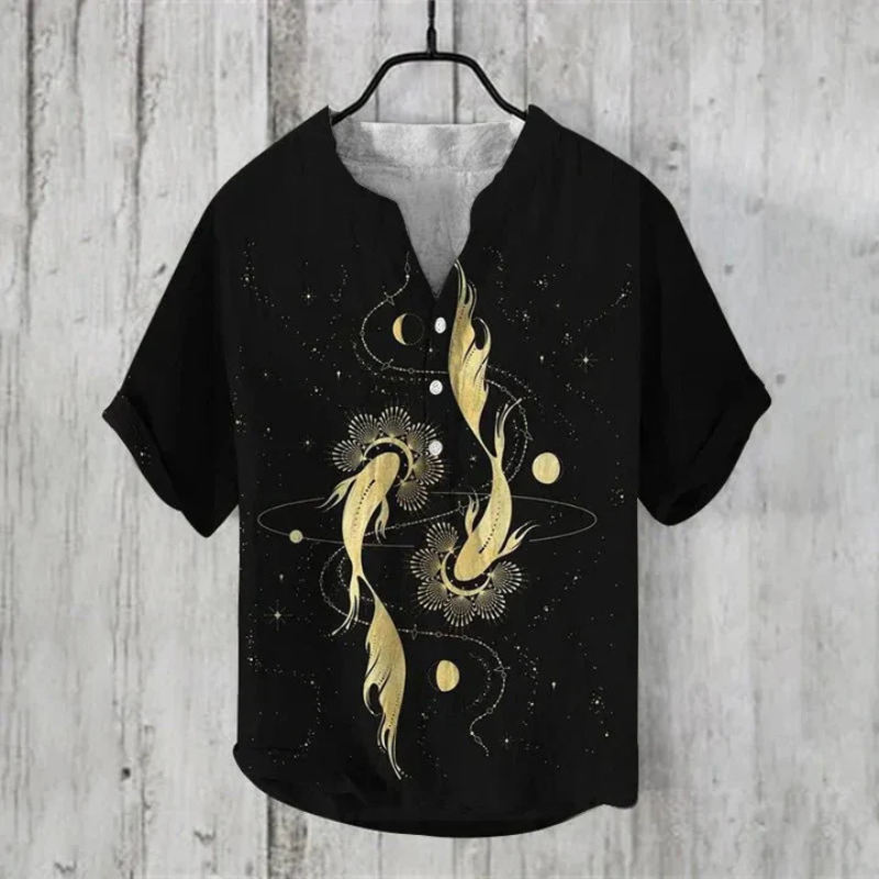 Men's casual shirt – Loose fit – Short sleeves – Breathable natural fiber – Artistic pattern