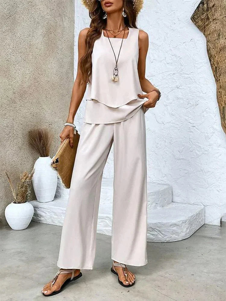 Women's Set – Sleeveless Top and Wide Leg Pants – Relaxed Fit – Breathable Fabric