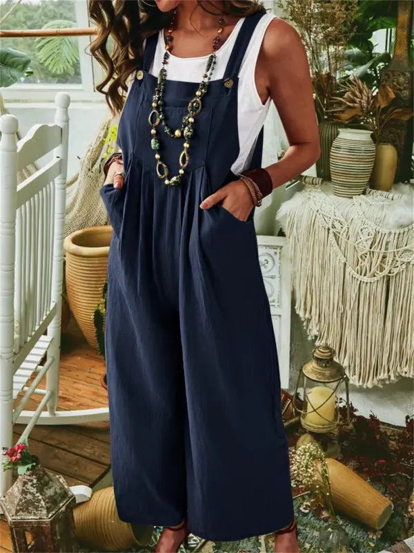 Women's jumpsuit – Loose fit – Wide legs – Breathable cotton – Adjustable straps