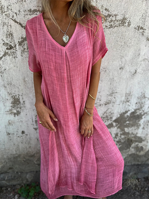 Women's dress – Relaxed fit – Breathable fabric – V-neck – Flowing short sleeves
