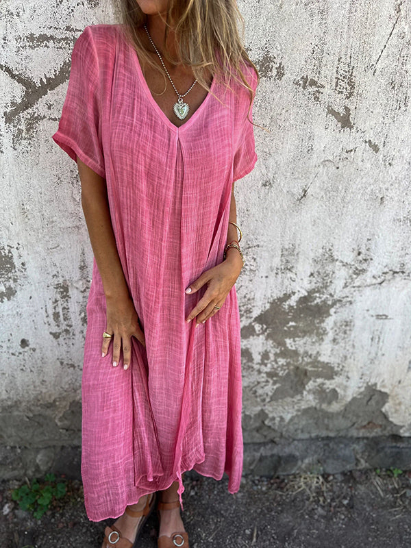 Women's dress – Relaxed fit – Breathable fabric – V-neck – Flowing short sleeves