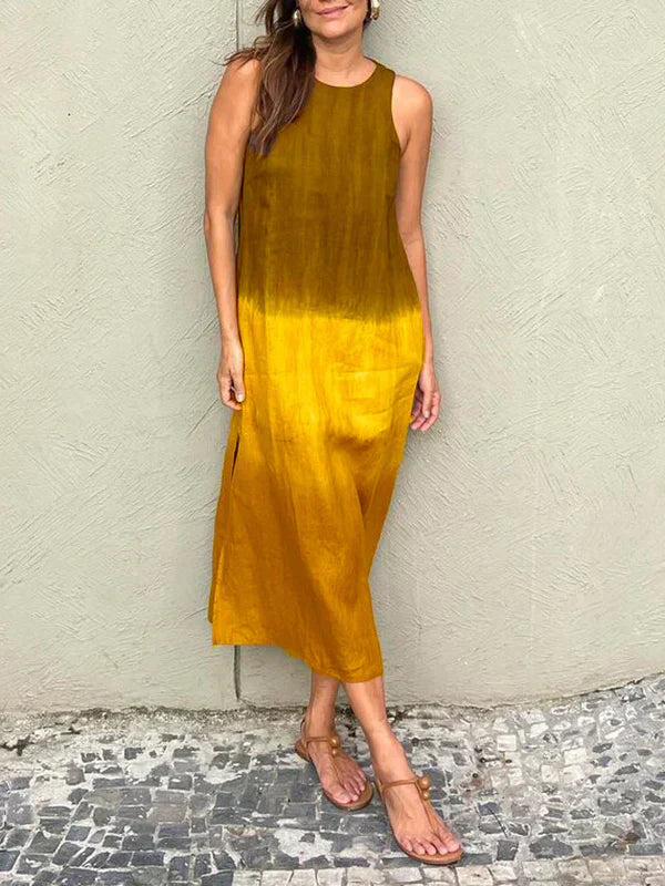 Women's midi dress – Loose fit – Sleeveless – Natural fibers – Side slit