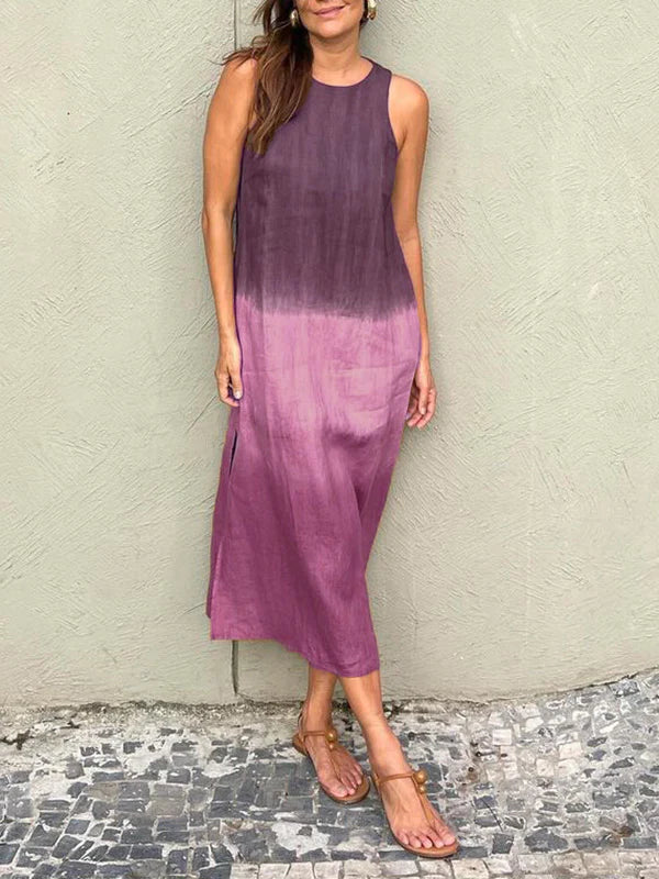 Women's midi dress – Loose fit – Sleeveless – Natural fibers – Side slit