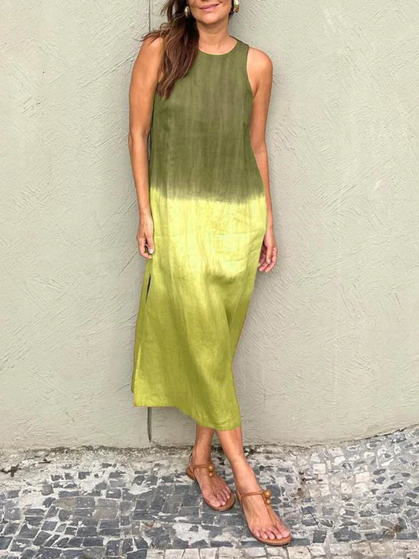 Women's midi dress – Loose fit – Sleeveless – Natural fibers – Side slit