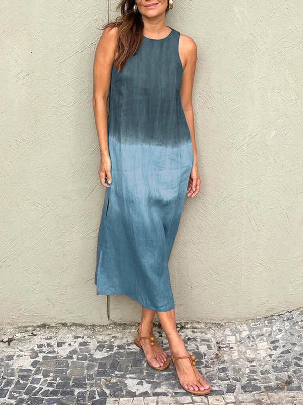 Women's midi dress – Loose fit – Sleeveless – Natural fibers – Side slit