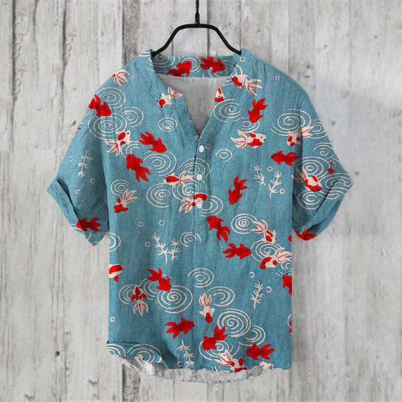 Men's casual shirt – Loose fit – Short sleeves – Breathable natural fiber – Artistic pattern