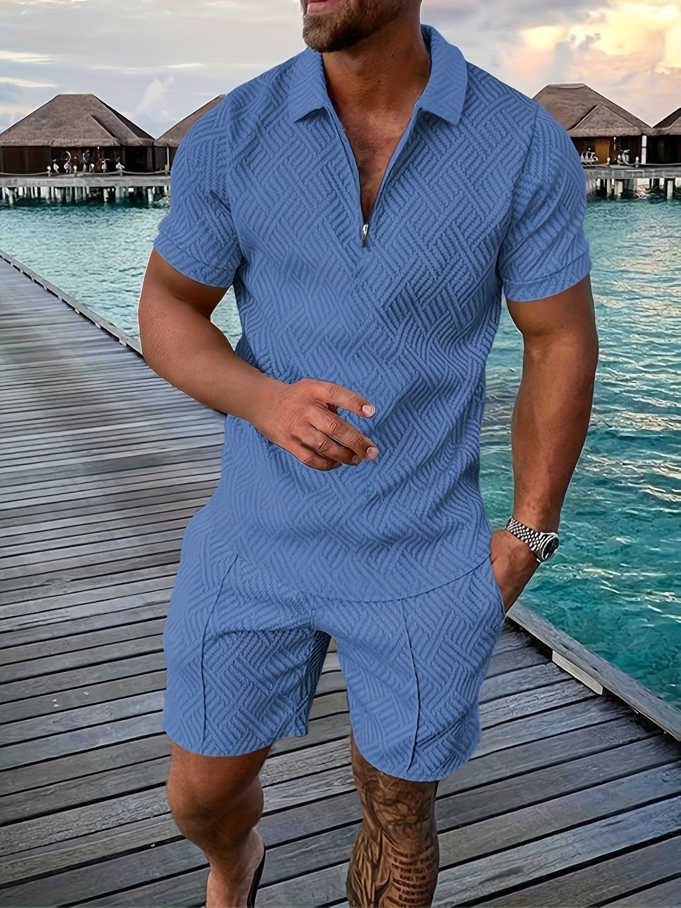 Men's short set – Relaxed fit – Zipper closure – Geometric pattern – Breathable fabric