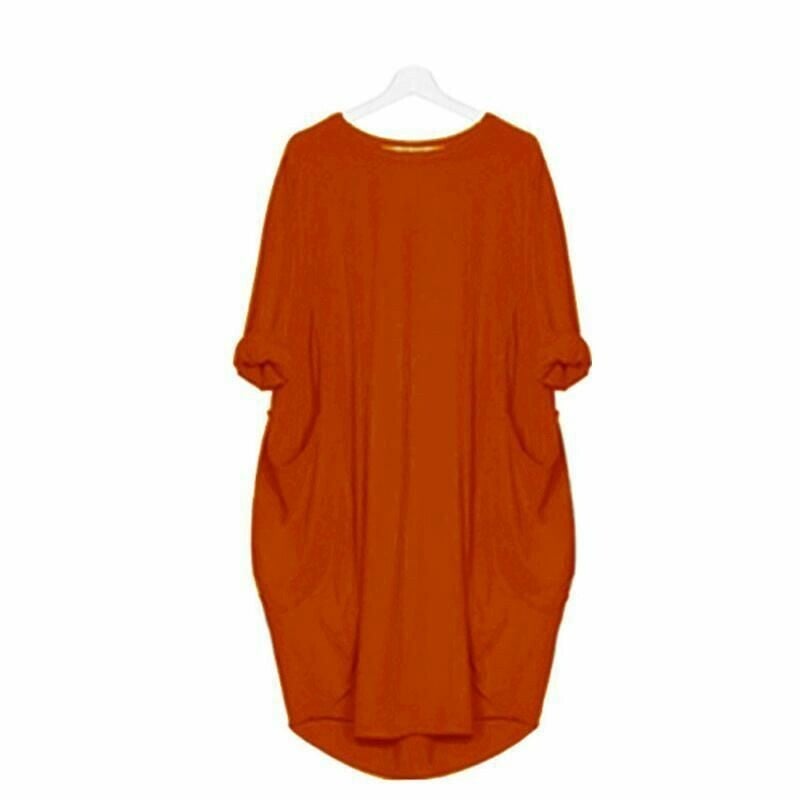 Women's Midi Dress – Loose Fit – Breathable Fabric – Round Neck – Side Pockets