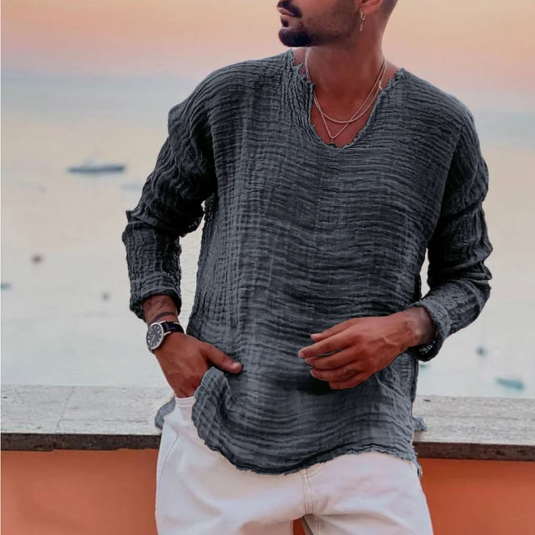 Men's V-neck shirt – Long sleeves – Relaxed fit – Breathable crinkled fabric