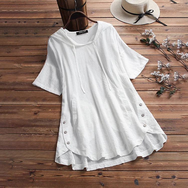 Women's T-shirt – Loose fit – Elbow-length sleeves – Button detail – Breathable fabric