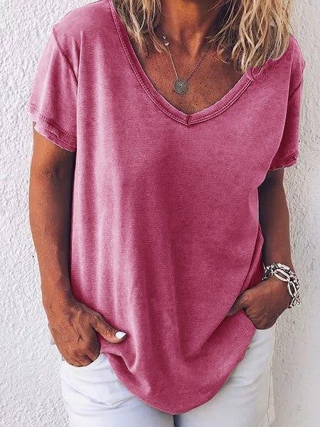 T-shirt femme – Coupe décontractée – Tissu respirant doux – Manches courtes – Col V