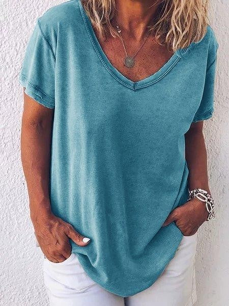T-shirt femme – Coupe décontractée – Tissu respirant doux – Manches courtes – Col V