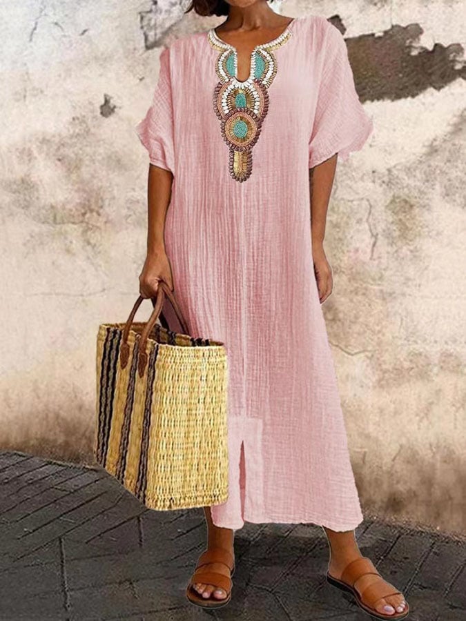 Women's caftan dress – Loose fit – Breathable fabric – Hand-embroidered neckline