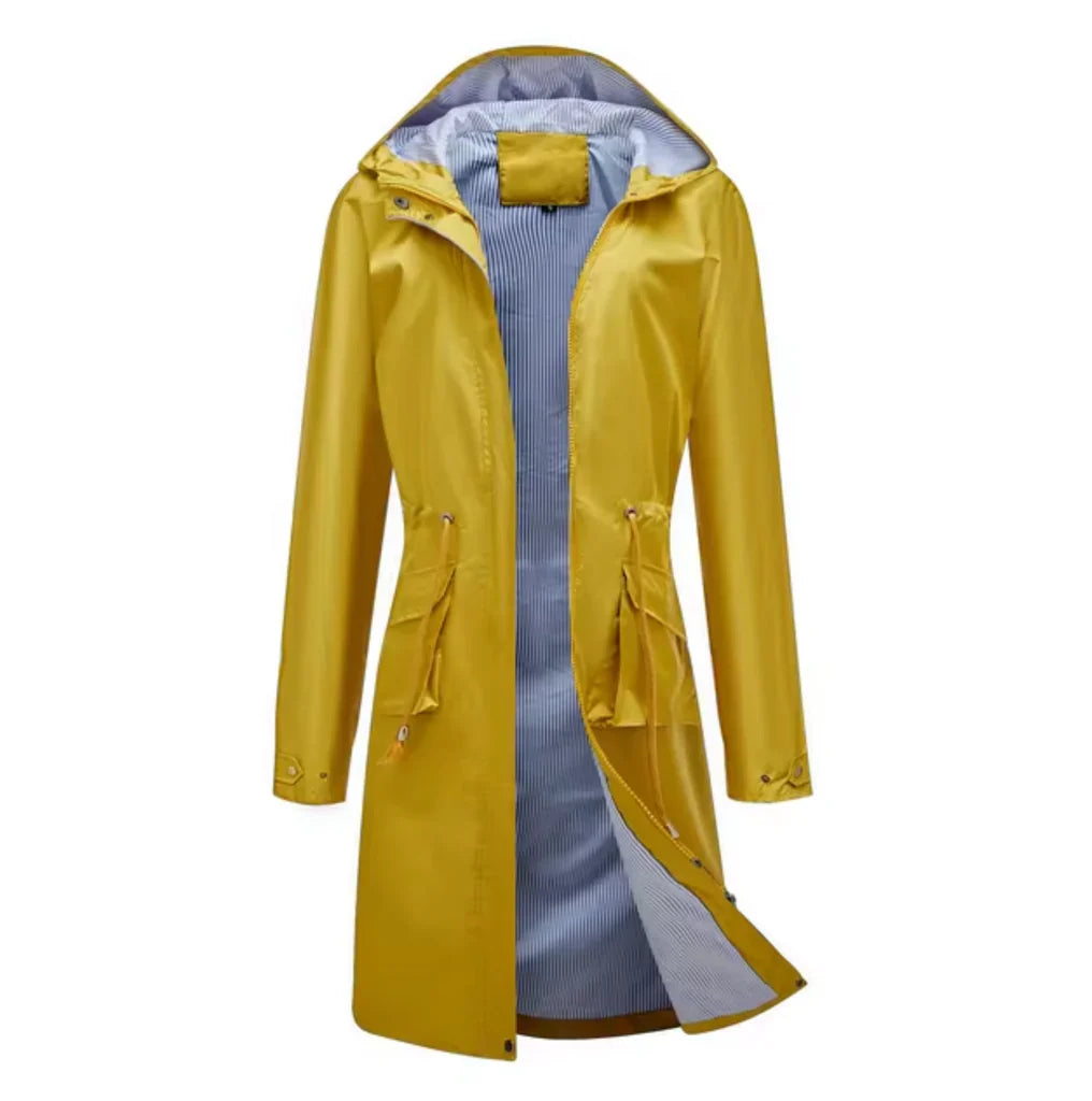 Women's long jacket – relaxed fit – water-repellent – adjustable waist – hood