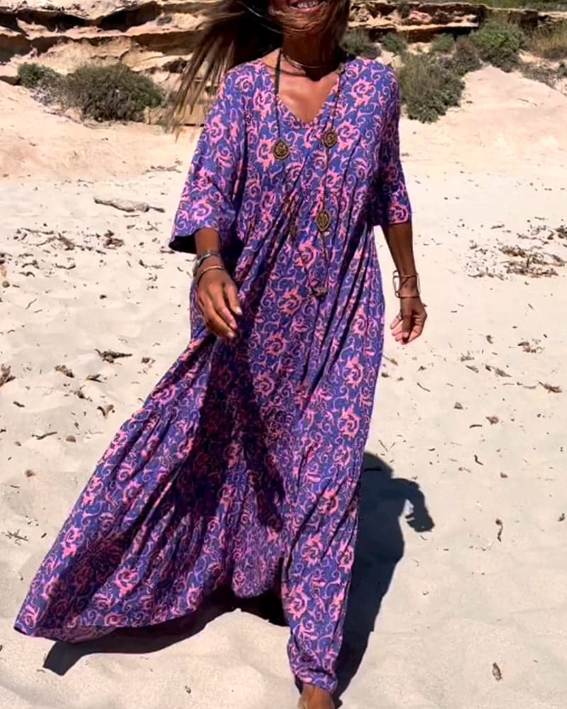 Long women's dress – Loose fit – Light breathable fabric – Elbow-length sleeves – Bohemian style