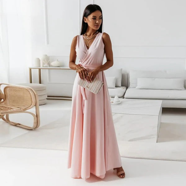 Robe longue femme – Coupe fluide – Sans manches – Décolleté en V – Taille ceinturée