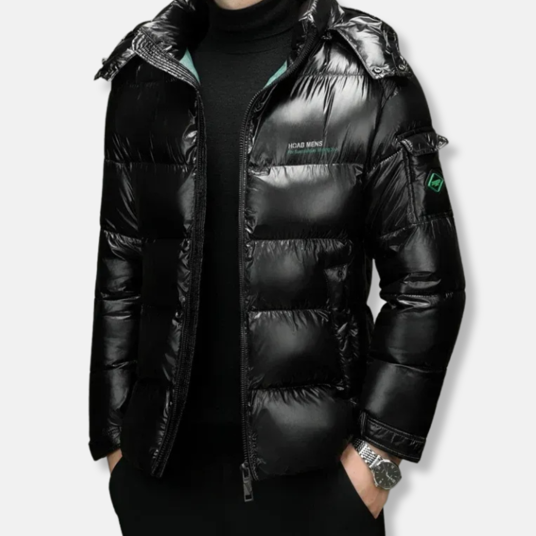 Men's Puffer Jacket - Synthetic Fabric - Regular Fit - Stand-Up Collar - Zipped Closure