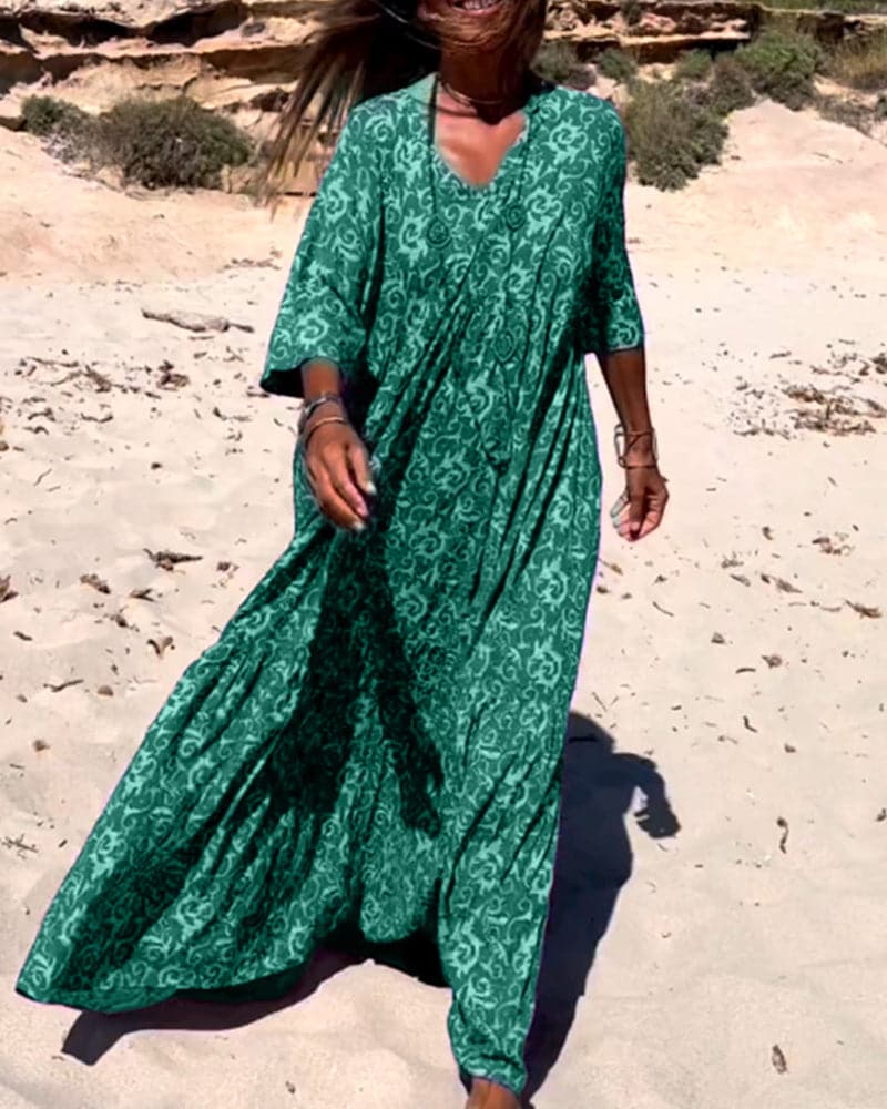Long women's dress – Loose fit – Light breathable fabric – Elbow-length sleeves – Bohemian style