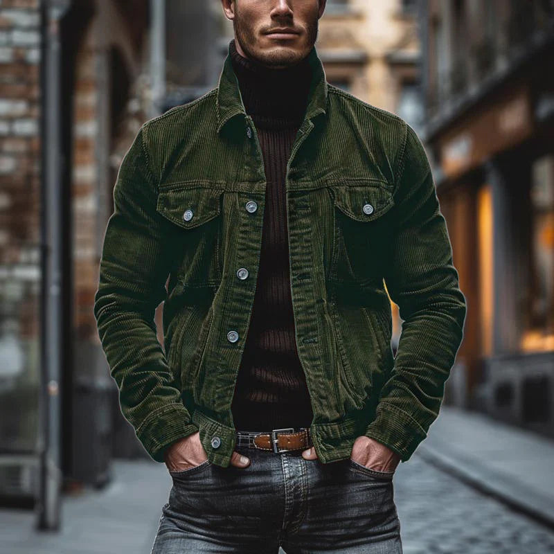 Men's jacket – Structured cut – Soft ribbed texture – Notched collar – Flap pockets