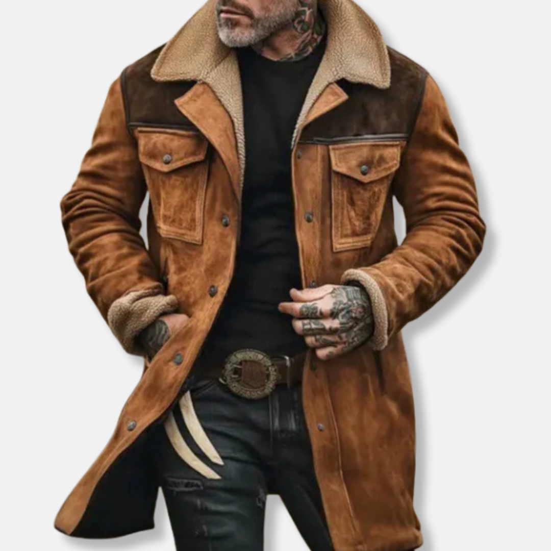 Men Trench-Coat - Woven Suede - Notched Lapel Collar - Mid-Thigh Length