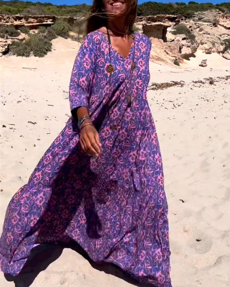 Long women's dress – Loose fit – Light breathable fabric – Elbow-length sleeves – Bohemian style