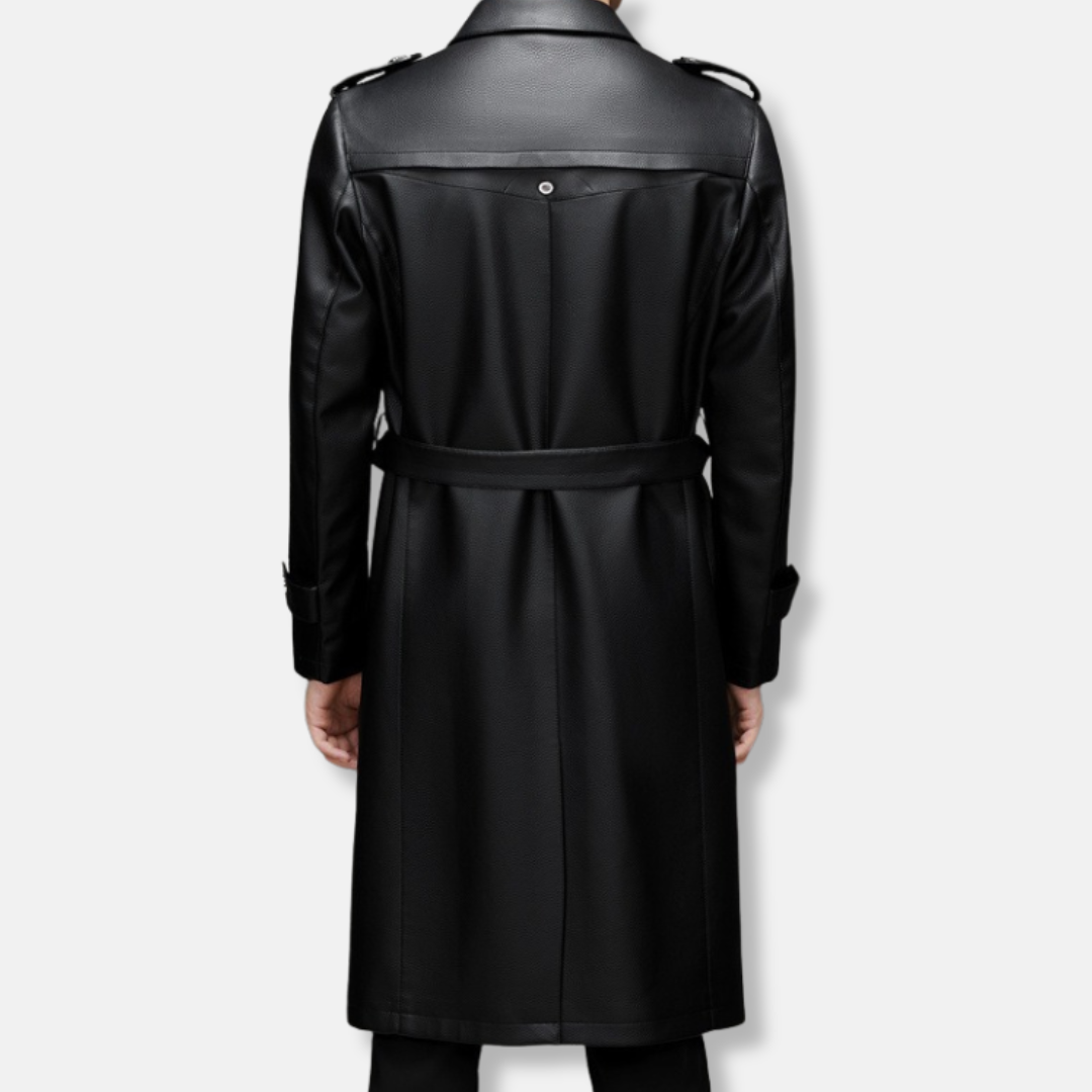 Men's trench coat – Smooth leather – Slim fit – Structured silhouette – Knee length