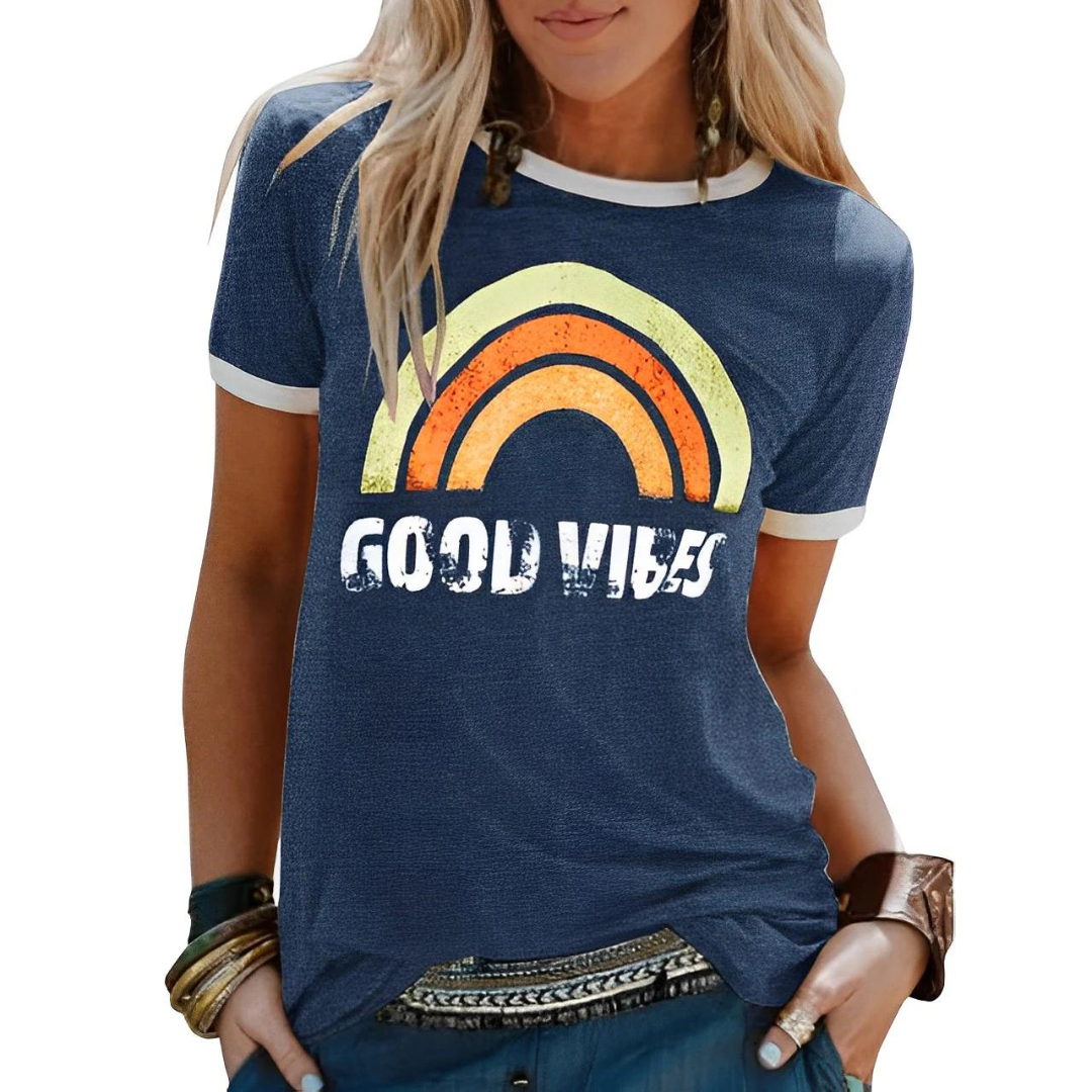 T-shirt femme – Coupe classique – Maille douce – Col rond – Imprimé graphique
