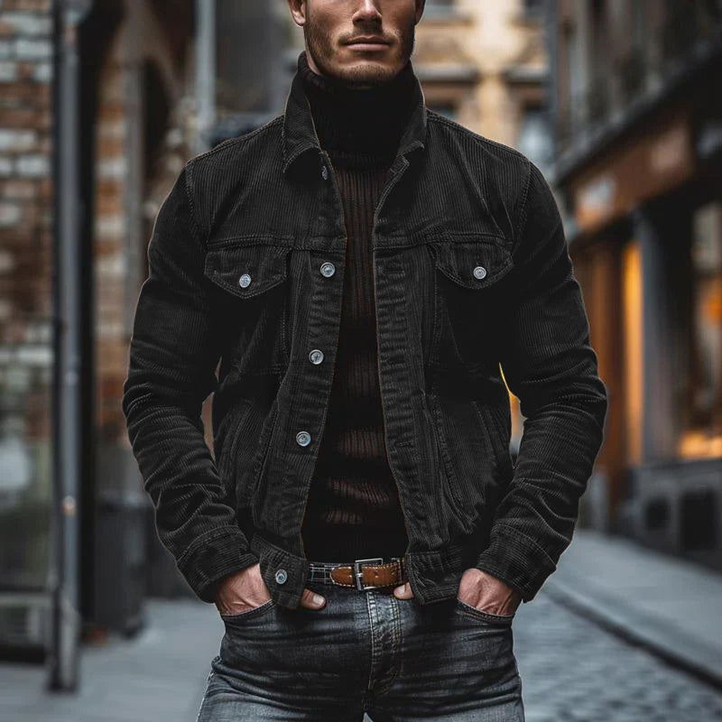 Men's jacket – Structured cut – Soft ribbed texture – Notched collar – Flap pockets