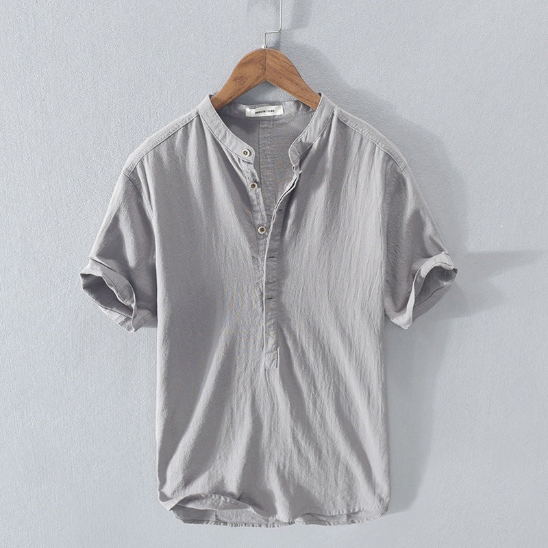 Men's short-sleeve shirt – Relaxed fit – Mao collar – Breathable natural fibers
