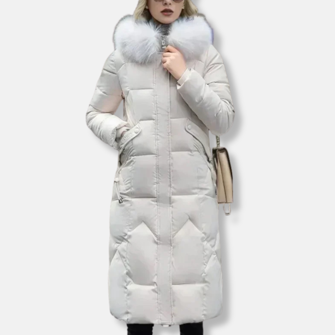 Women's Long Quilted Coat - Woven Fabric - Slim Fit - Removable Stand Collar