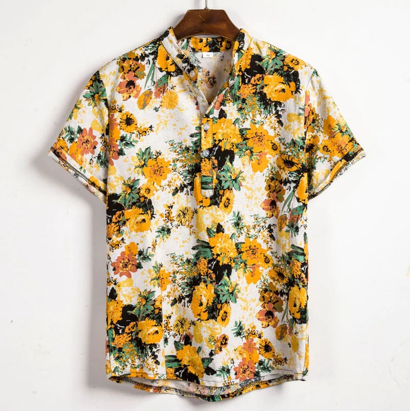 Men's short-sleeve shirt – Relaxed fit – Mao collar – Floral print – Breathable fabric