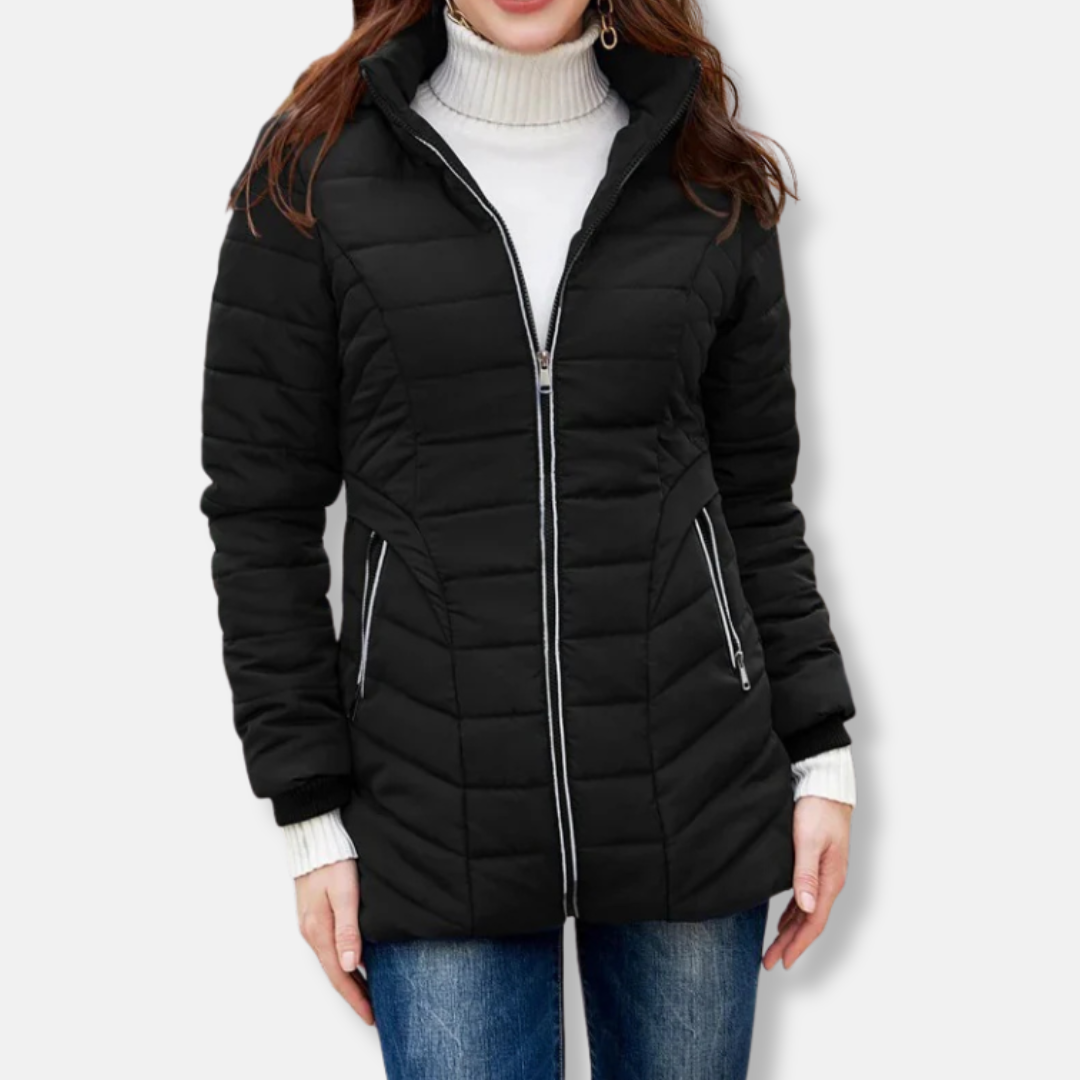 Women's Coat - Woven Fabric - Slim Fit - Mid-Thigh Length - Hooded Collar - Ribbed Cuffs