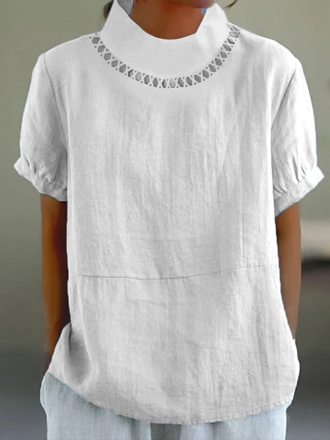 Women's blouse – Relaxed fit – Cuffed short sleeves – Openwork collar – Breathable fabric